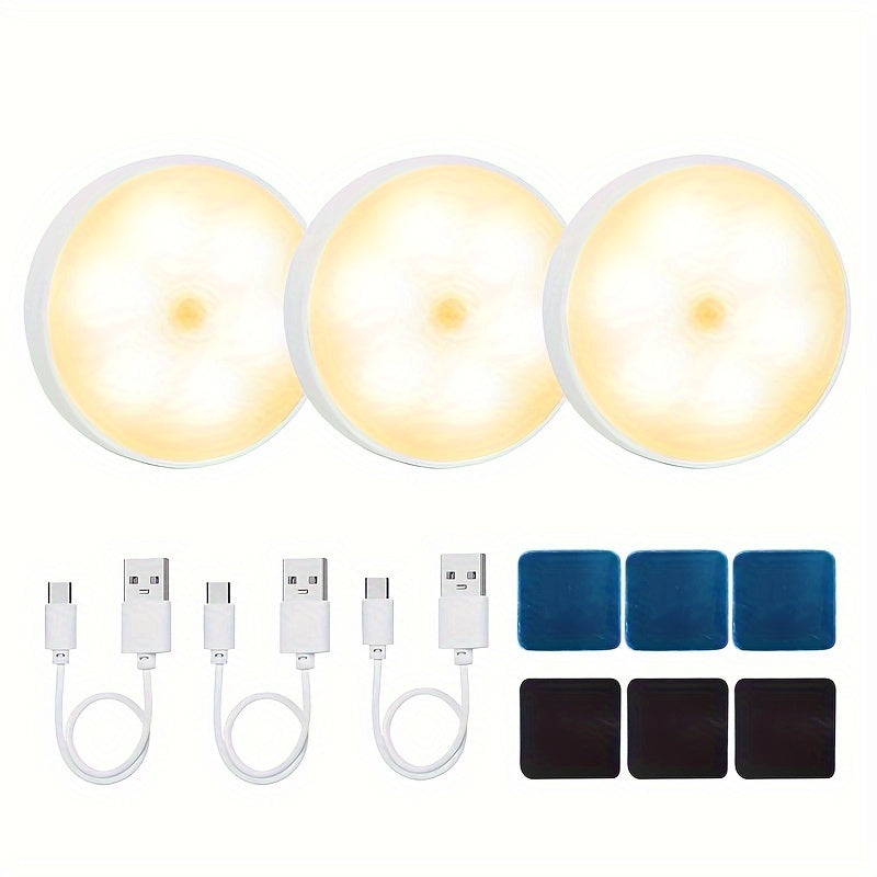 3-Pack AMill LED harakat sensorli chiroqlar, USB orqali zaryadlanadigan batareyalar, sozlanadigan yorqinlik va turli foydalanishlar uchun magnit o'rnatish.