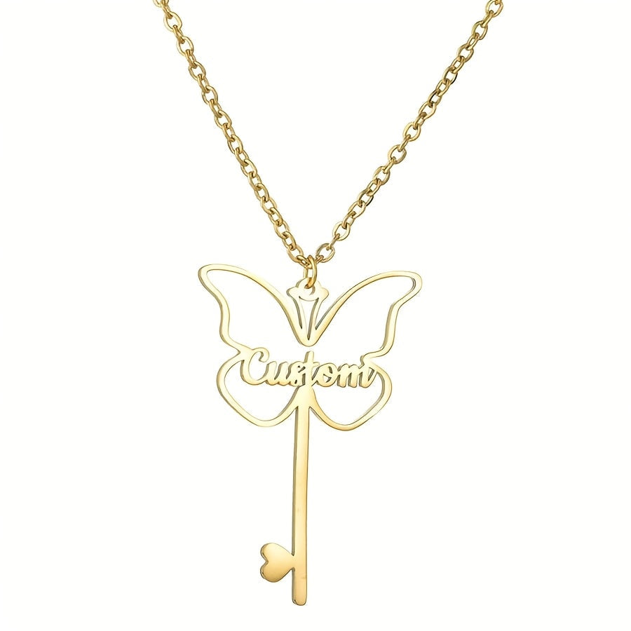 Exquisite Butterfly Key Pendant Necklace - Crafted from 18K Gold Plated Stainless Steel, Personalized with Your Name in English - Ideal for Everyday Outfits & Special Occasions like Valentine's Day, Mother's Day, and Christmas, Featuring a Unique Key