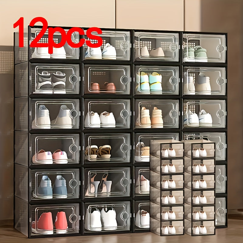 An assortment of clear plastic shoe containers in different dimensions, created for easy stacking and acting as multiple-tier shoe storage units that keep dust at bay. These adaptable shoe organizers are ideal for showcasing in homes and dorm rooms