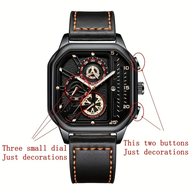 Men's sports watch with quartz movement, square alloy case, faux leather strap. Non-waterproof and battery powered with calendar feature. Stylish for everyday wear.