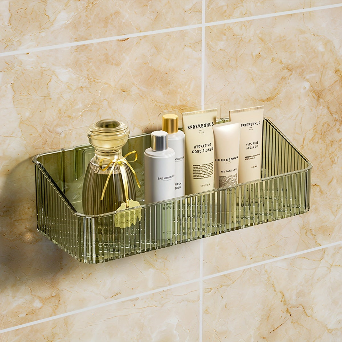 Sleek wall-mounted bathroom storage rack with transparent plastic shelves for toiletries. Easy, no-drill installation for marble bathrooms.