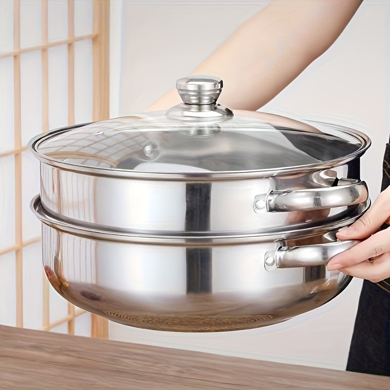 Stainless Steel 2-Tier Steamer Pot with Lid - Ideal for Cooking Vegetables, Dumplings, Stocks, Sauces, and More