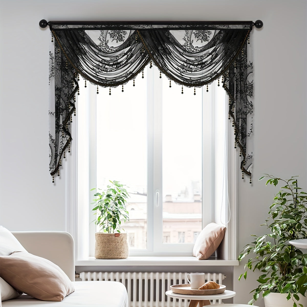 This European style wave curtain features a beautiful black lace valance with a flower pattern. The short curtain is designed with a rod pocket, making it suitable for windows and doors. Add a touch of elegance to your living room with this decorative