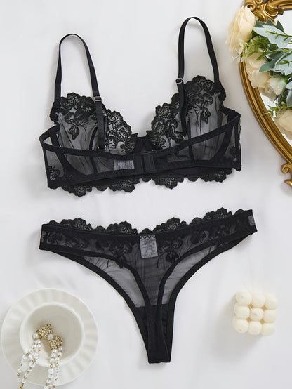 Elegant floral embroidered lingerie set for women, featuring medium support underwire bra and briefs in polyester knit fabric. No padding, drop waist design with a mature style - ideal