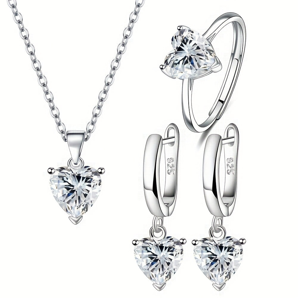 Set of four Heart-Shaped Cubic Zirconia Jewelry Pieces, Stylish and Elegant 925 Silver Plated Copper, Includes Romantic Necklace, Ring, and Earrings, Featuring Synthetic Zirconia, Perfect for Anniversary, Wedding, or Valentine's Day - Suitable for All