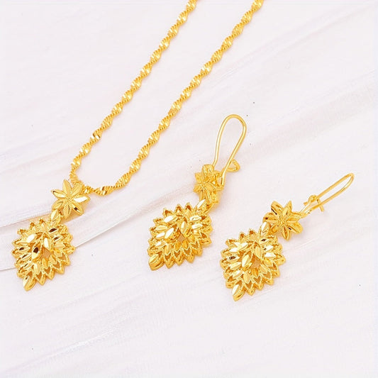 Leaf Design Earrings and Necklace Set with 22K Gold Plating, Perfect for Weddings and Formal Occasions, Offering a Minimalist Style that Mimics High-end Luxury Jewelry