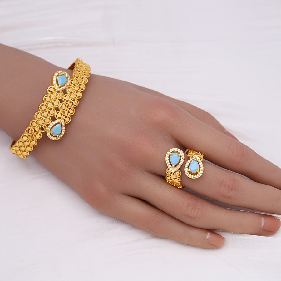 A summer fashion set for women in a Middle Eastern direction, featuring a blue turquoise and zirconia bracelet and ring made of copper. This bohemian style set is perfect for gift giving and daily wear.