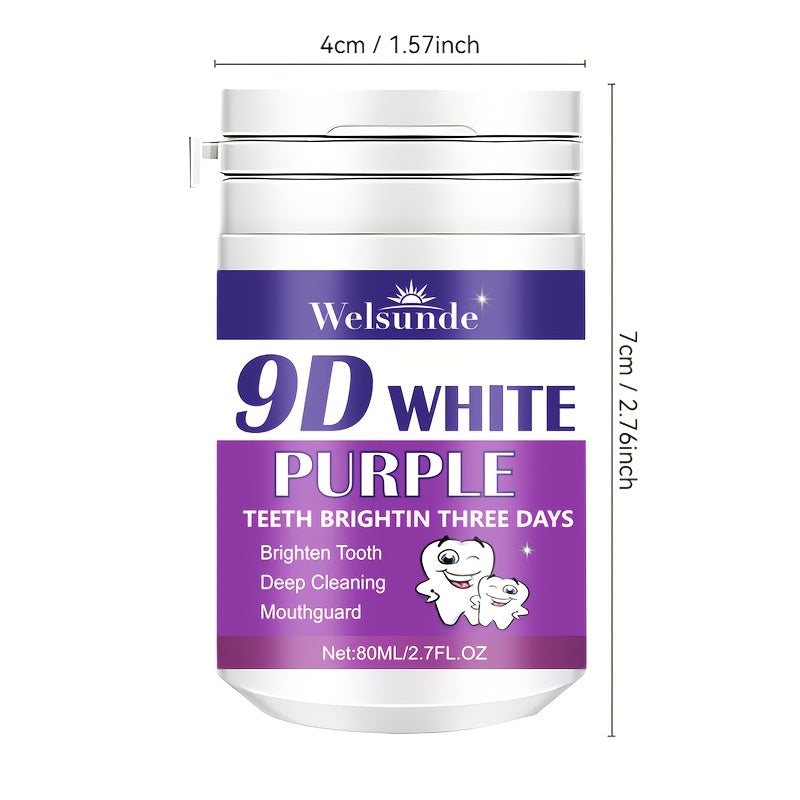 Welsunde 9D White Purple Tooth Powder: Deep cleans, brightens teeth, and freshens breath. Ideal for daily use and travel. 80g.