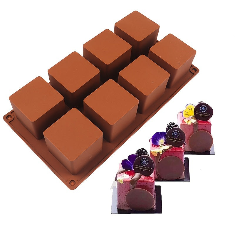 One-piece silicone mold with 8 even square compartments for making French desserts, jelly, pudding, cake, ice cubes, and soap. Ideal for baking and kitchen supplies.