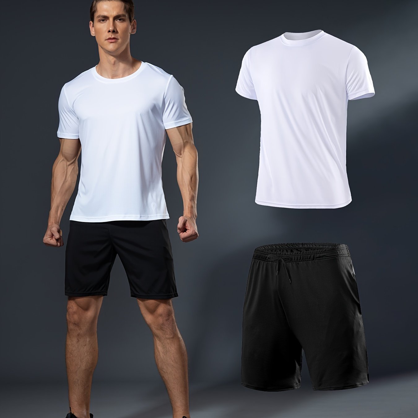 Summer men's fitness set includes white t-shirt and black shorts made of lightweight, quick-dry, breathable polyester for running, basketball training, and athletic wear.