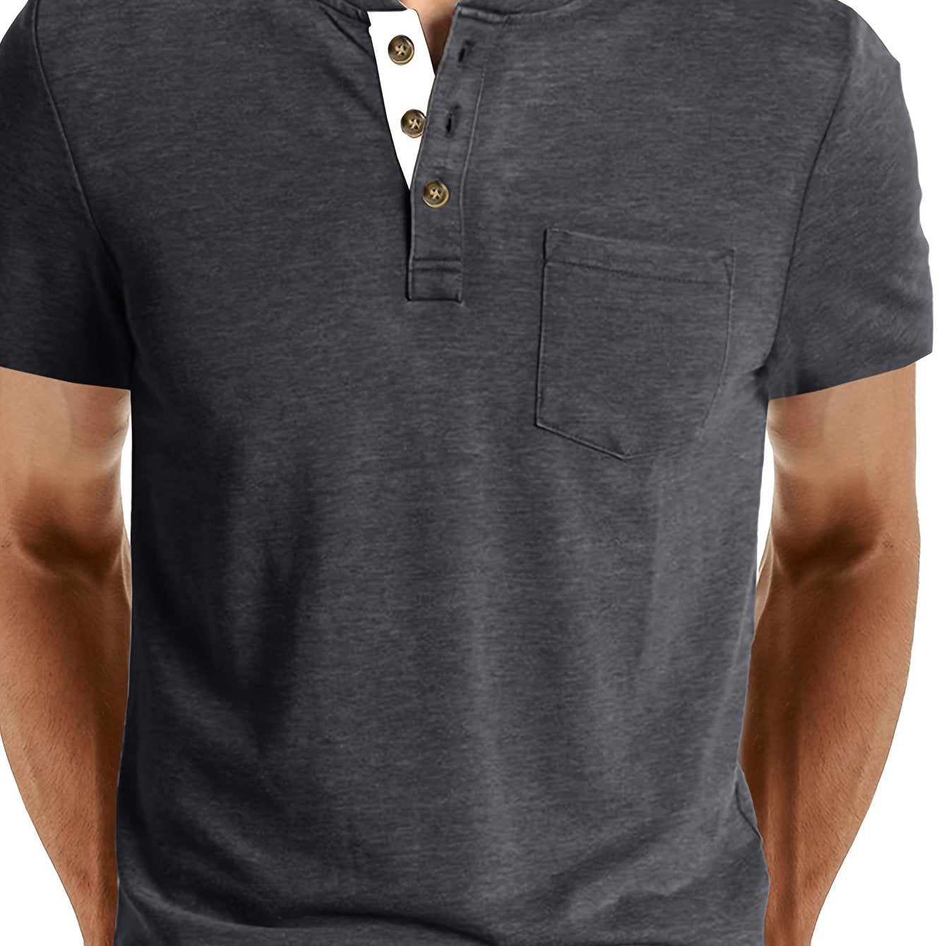 Men's Classic Blue Henley Shirt with Comfortable Fit, Casual Short Sleeve, Chest Pocket, Round Neck, Machine Washable - Ideal for Casual Attire.