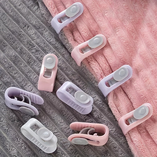 Polypropylene Bed Sheet Clips in a Pack of 8, Featuring Pink Plastic Blanket Clips. These Safe Needle-Free Clips Provide a Non-Slip Grip for Blankets and Curtains. Installation is Easy and They are for Hand Wash Only.