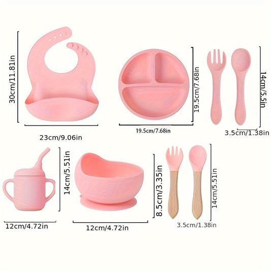 Silicone Baby Feeding Set by WHZWYK - Safe for Microwave & Oven - Suitable for Ages 0-3 - Complete with Suction Plate, Soft Bowl, Spoons, Forks, Adjustable Bib, Snack Cup - Ideal for Self-Feeding