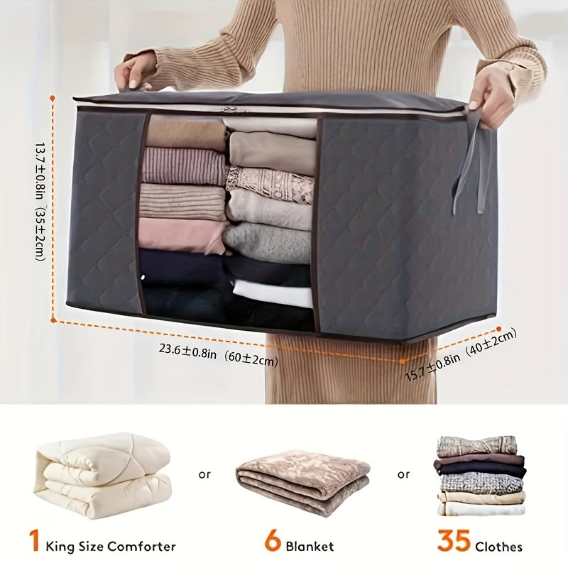 Three 90L storage bags with reinforced handles for organizing clothing, blankets, toys, and bedding in a bedroom wardrobe.