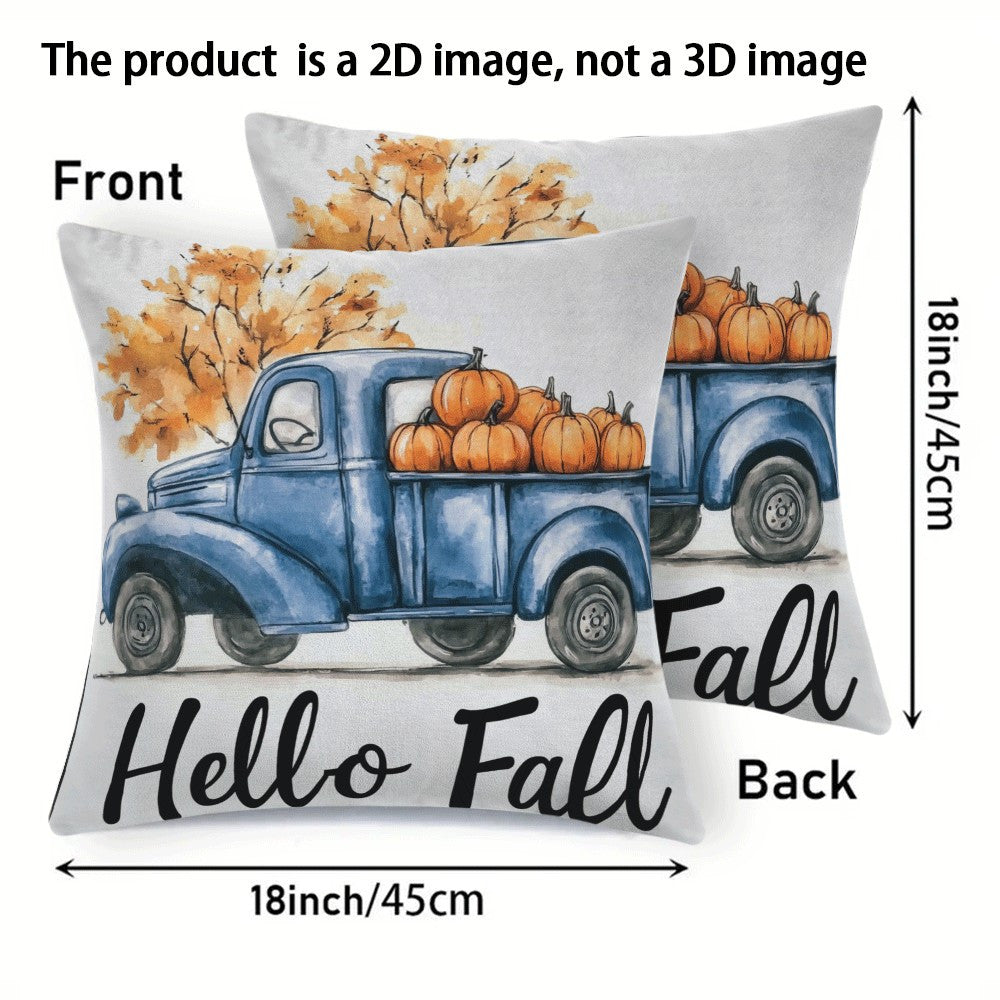 Set of 2 contemporary flannel pillow covers, measuring 45.72x45.72 cm each. These machine washable cushion cases feature a zippered closure and a charming fall pumpkin truck design. Perfect for all seasons, these pillowcases are ideal for back sleepers