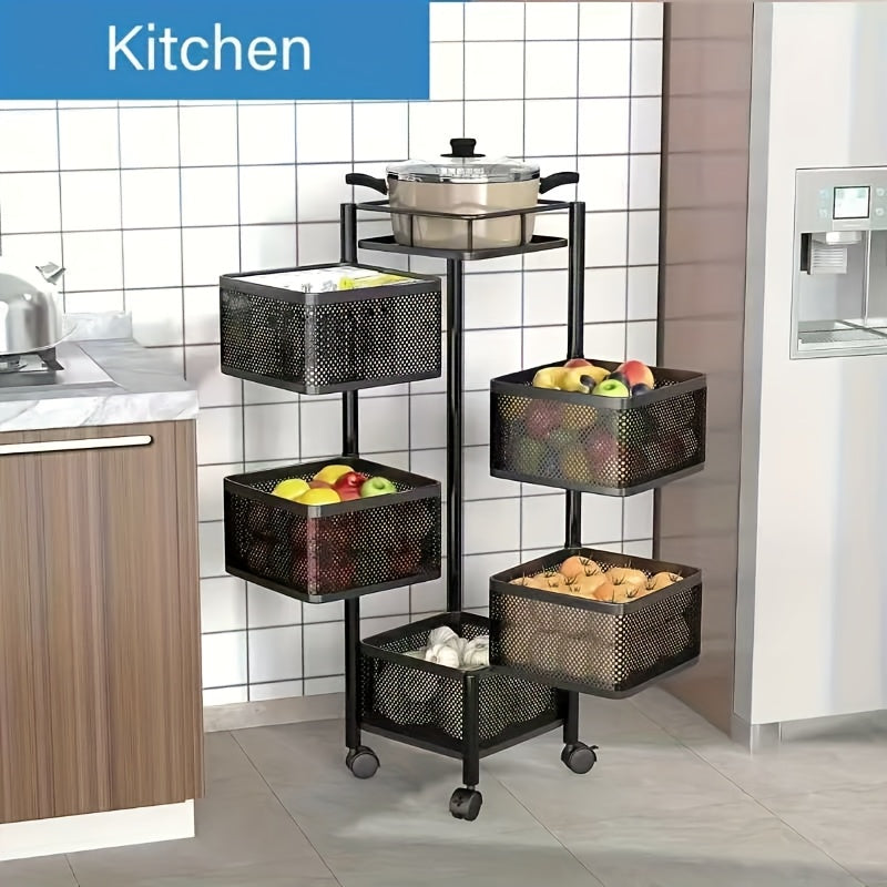 Rotating kitchen shelf for easy organization of fruits and vegetables.