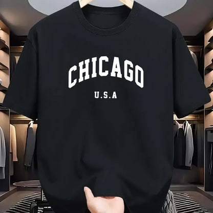 Chicago USA print men's t-shirt made of 100% polyester knit fabric. Features a casual crew neck tee with slight stretch, regular fit, and geometric pattern. Comfortable, elastic, and ideal