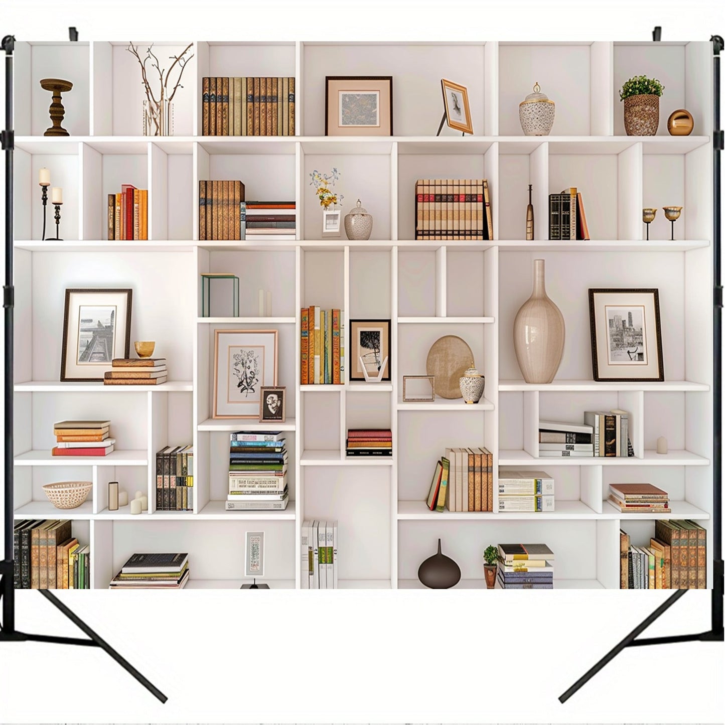 White Bookshelf Backdrop - Utilize for Office, Zoom Calls, Parties & Beyond - Made of Polyester, Requires No Power