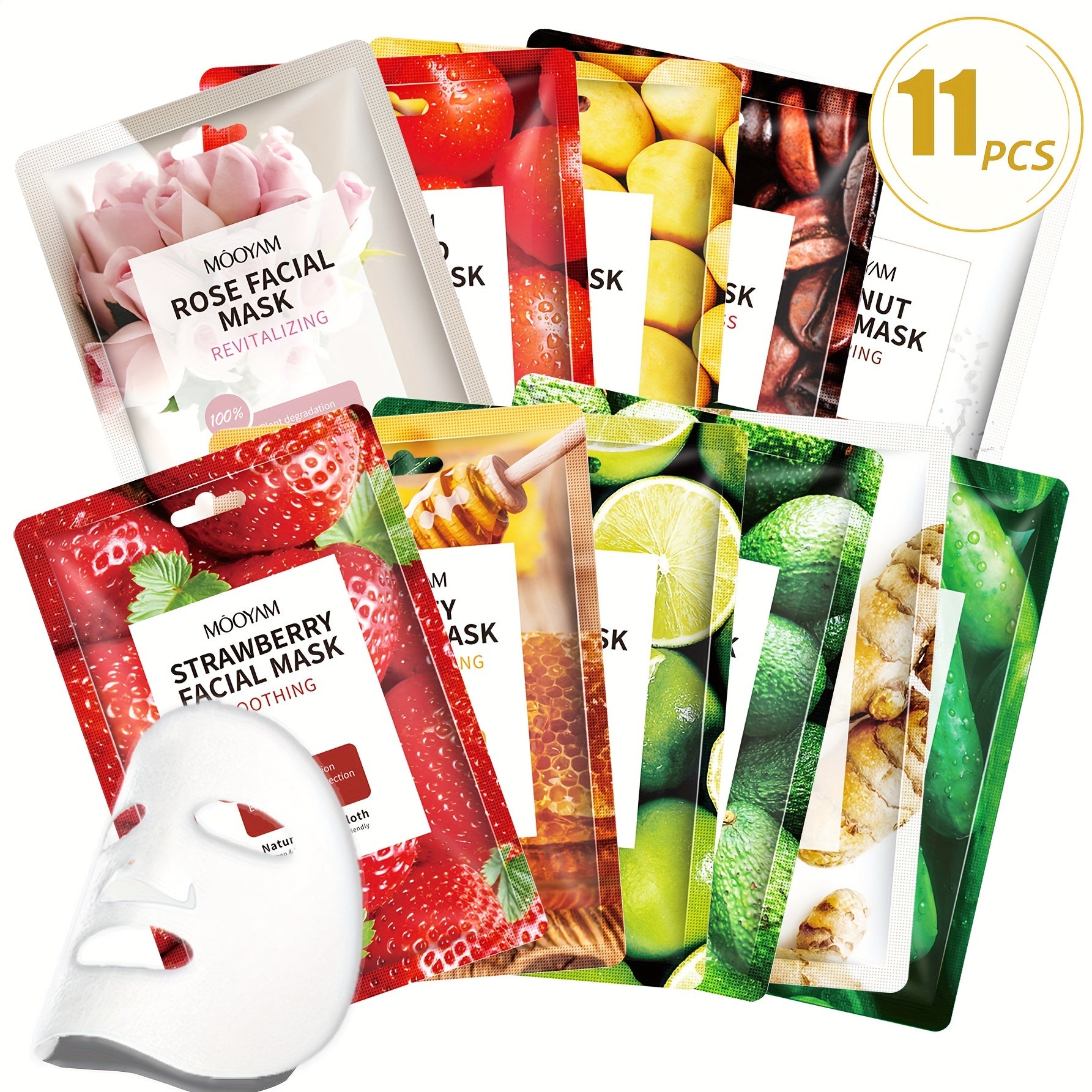 11pcs hydrating and facial mask set with a variety of ingredients for all skin types. Fragrance-free and paraben-free, perfect for gifts.