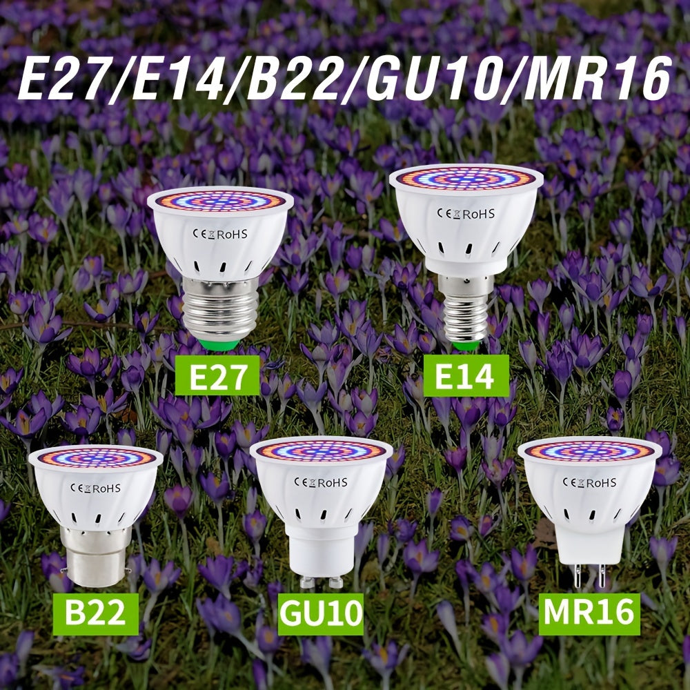 LED grow light bulb with full spectrum, 220V, compatible with E27 & GU10, suitable for indoor plants, hydroponics, succulents, and seedlings. Has UV IR for plant growth, available in red