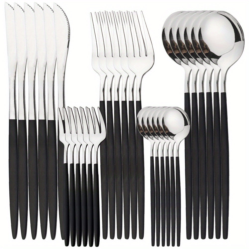 30-piece stainless steel cutlery set, including fork, knife, and spoon. Durable, dishwasher safe, and mirror polished.