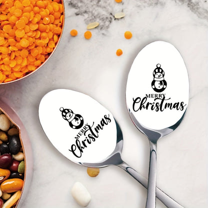 Get a set of two stainless steel spoons with laser-engraved long handles featuring a festive Merry Christmas design. These spoons are great for Halloween or Christmas gifts, themed party favors, and are perfect for friends, family, classmates, and