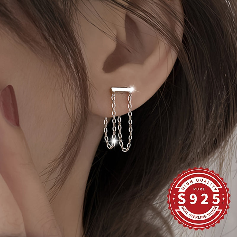 These chic ladies' earrings feature double chain tassels crafted from S925 silver, offering a stylish and minimalistic design perfect for both daily wear and special occasions. Lightweight at 1.88g, these earrings are hypoallergenic for comfortable wear.