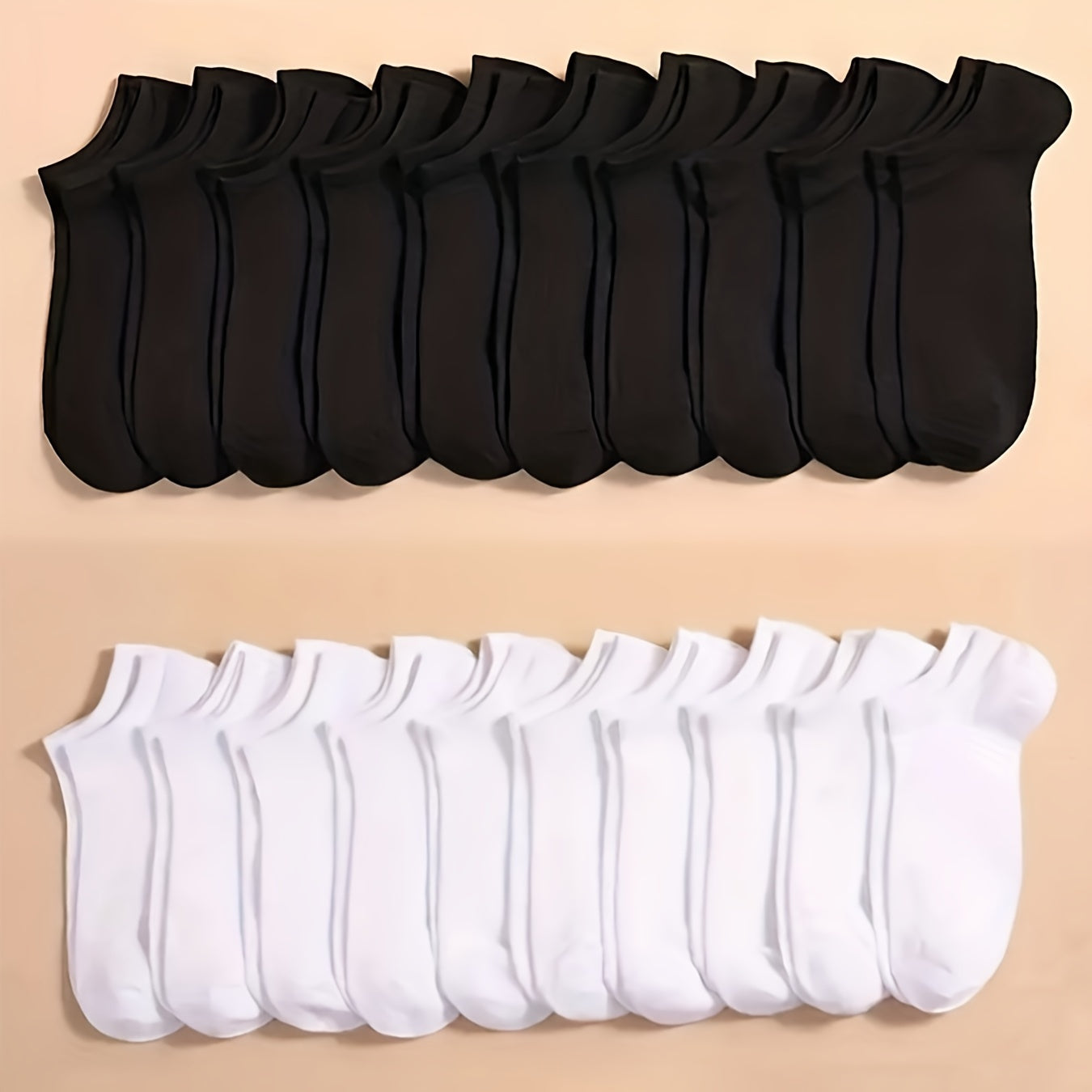 20 breathable ankle socks in versatile solid colors. Made of polyester blend, machine washable, and suitable for all seasons. Cute and comfortable.