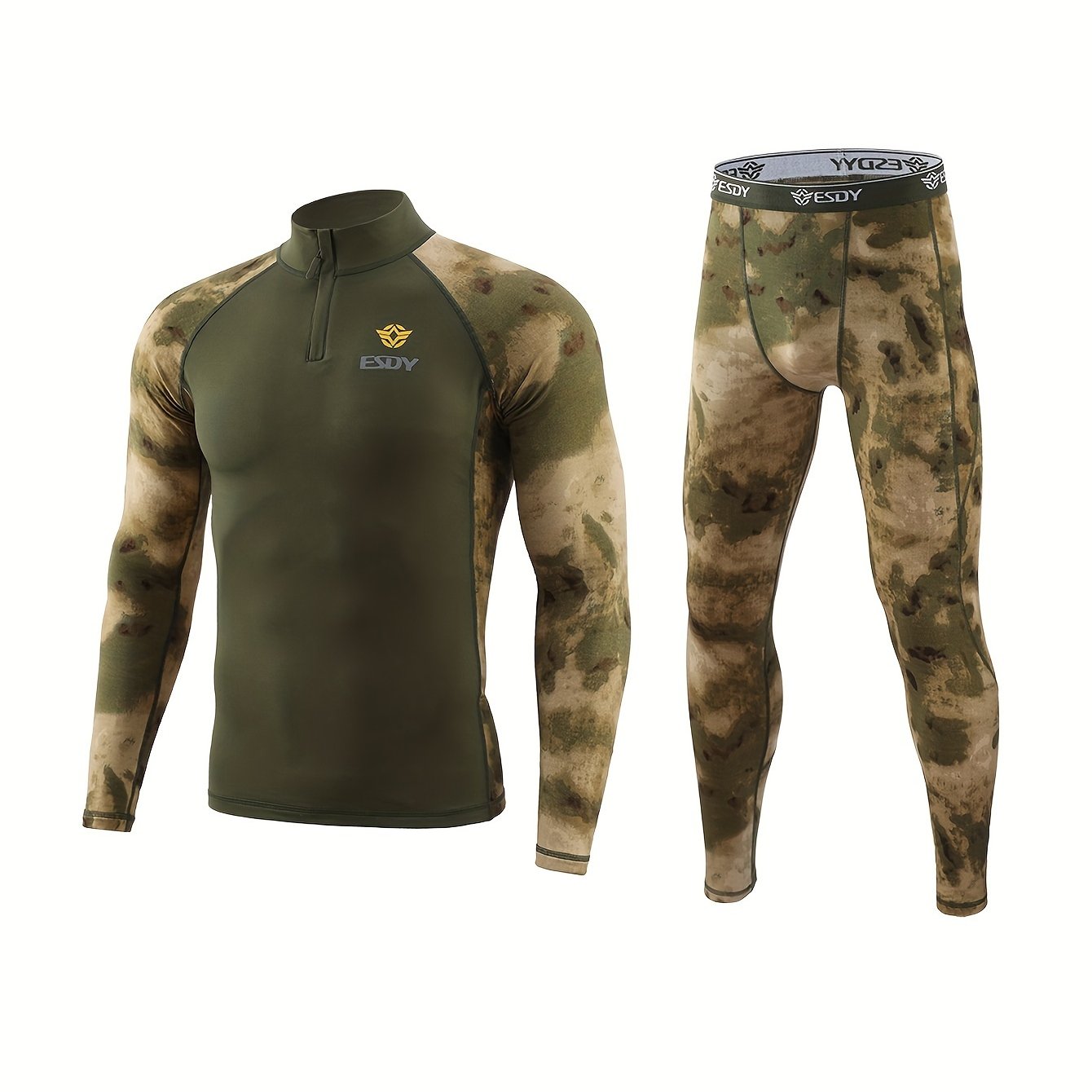 ESDY Men's Combat Shirt and Camo Leggings Set made of high-stretch knit fabric with zipper detail. Slim fit, long sleeve, made of 90% polyester and 10% spandex. Ideal for hiking and outdoor