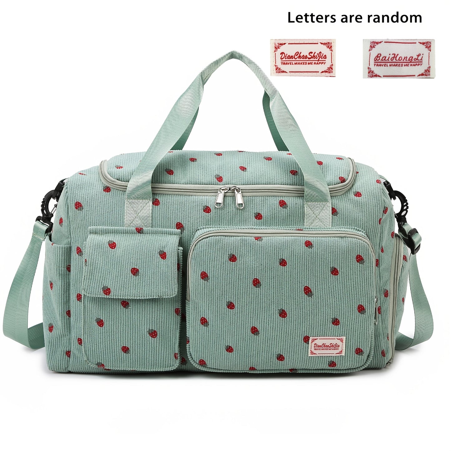 A spacious corduroy travel bag with strawberry print, wet and dry separation, shoe compartment, perfect for vacations, outings, school, crossbody use, and gym.