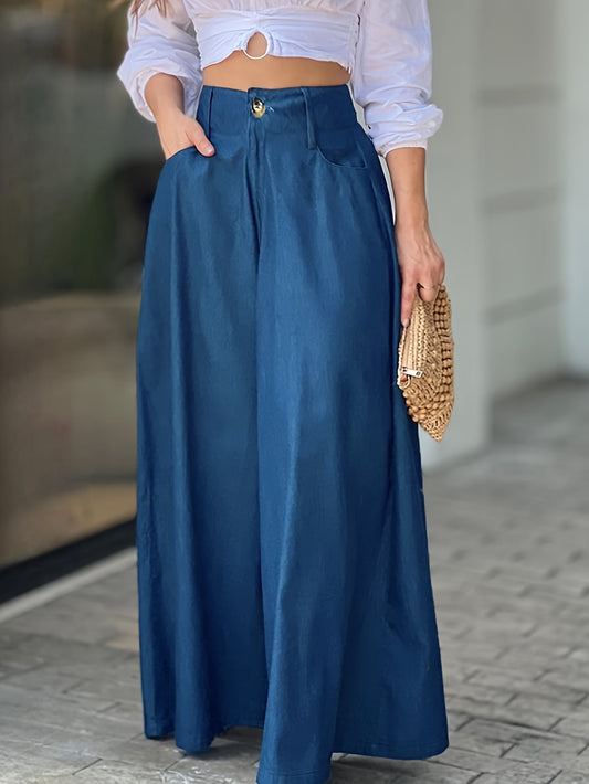 Versatile wide leg pants for women in solid color polyester, faux denim with pockets and woven weave.