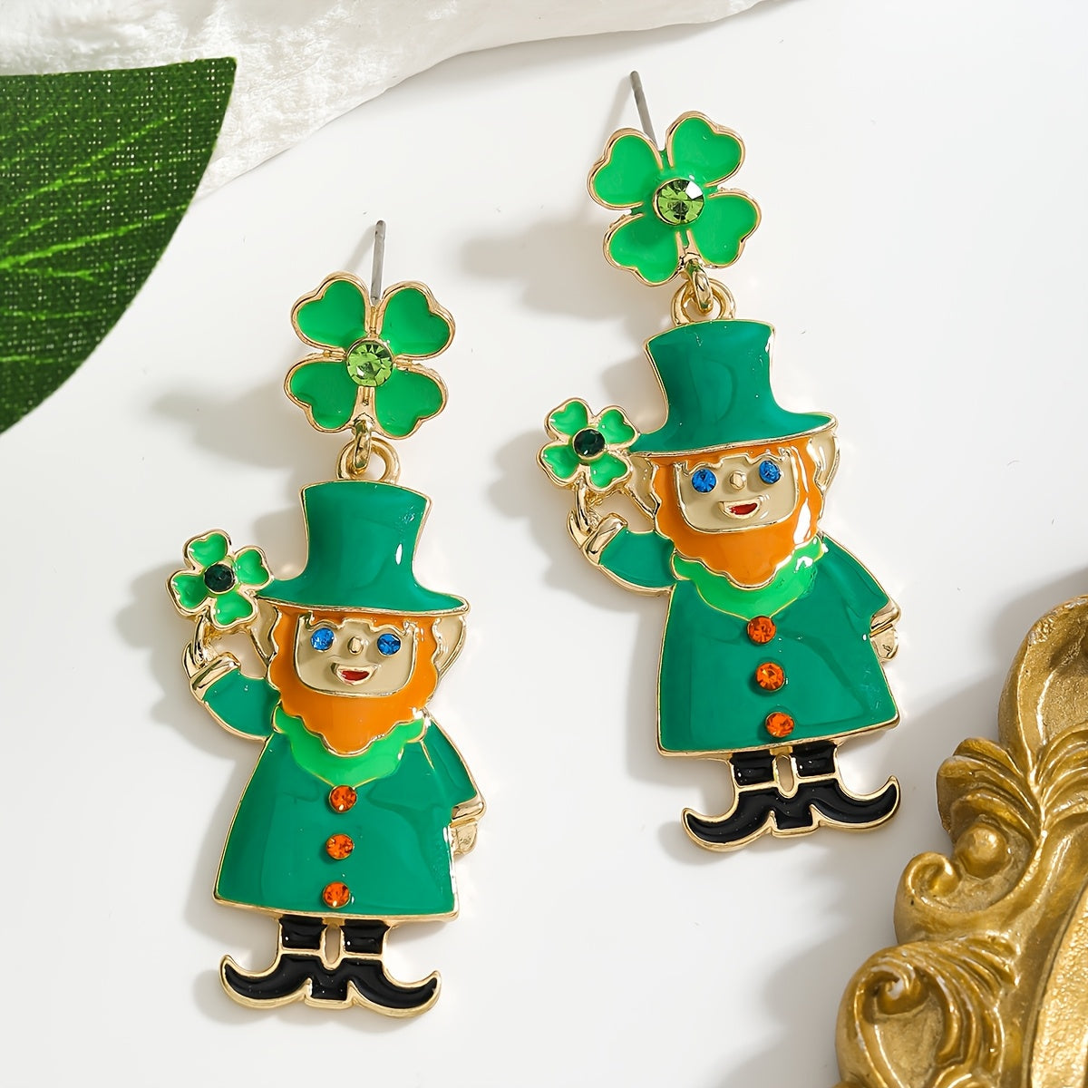 St. Patrick's Day Charm Earrings featuring a Lucky Clover and Rainbow Design adorned with Sparkling Rhinestones. Made with Stainless Steel Posts, these Earrings are crafted from Alloy, making them a Perfect Gift for Her. In Irish Green, Lip-shaped, Oil