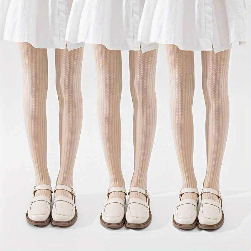 3 pairs of girl's solid color stripe textured pantyhose, comfy, slim, and versatile for all seasons, a creative gift.