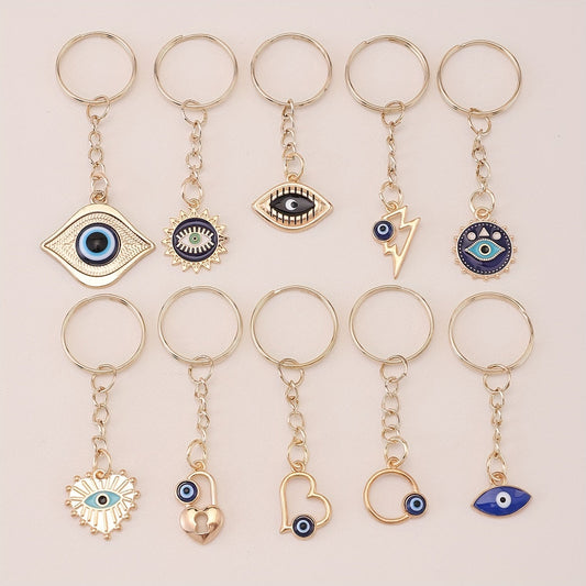 A set of 10 Evil Eye keychain amulets for good luck, perfect for attaching to your keys, purse, bag, backpack, or car keys. These charms also make great party favors or accessories for making jewelry gifts.