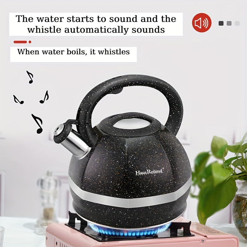 This 3L Hausroland Stainless Steel Tea Kettle has a heat-proof handle and whistles when it boils. It is suitable for both gas and electric stoves, and does not require electricity to operate.