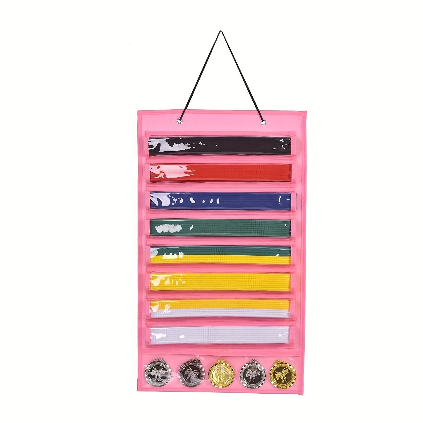 Display your martial arts belts and medals with pride on this durable felt organizer. With 9 clear pockets, this rack can hold up to 8 belts and 5 medals. Easy to install on your wall, this decorative piece is perfect for karate and taekwondo enthusiasts.