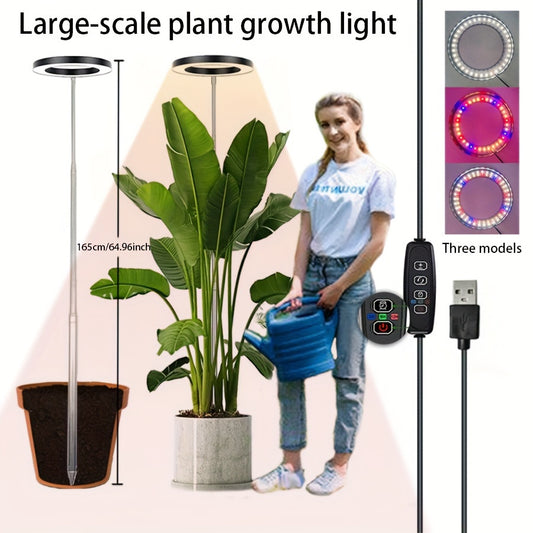 Adjustable USB-powered LED indoor plant growth lamp with automatic timer (3/9/12H settings) and adjustable height of 165.0 cm.