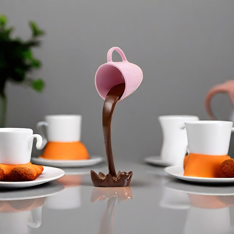 1pc Creative Inverted Floating Resin Coffee Cup Decoration with water overflow effect, perfect for room and office decor or as a unique gift for Halloween and other festivals.