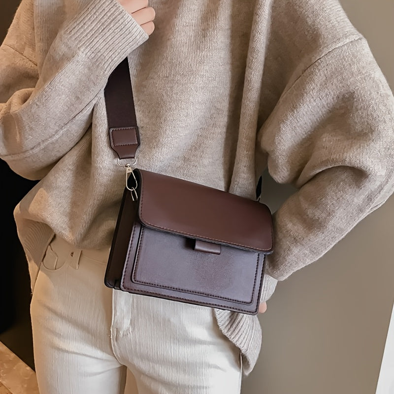 Retro crossbody bag for women in stylish brown with adjustable strap and metal ring detail. Features a compact flap design for everyday use.