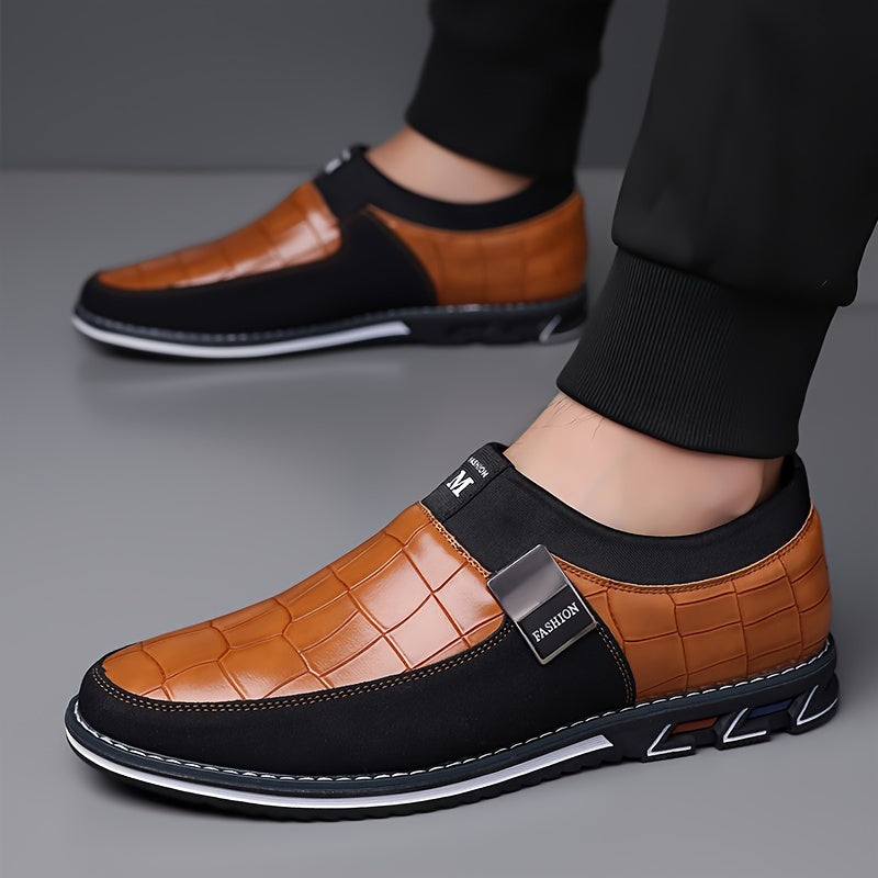 Men's slip-on business casual shoes with synthetic microfiber leather, anti-slip rubber sole, PU inner lining, and low top design for daily wear in spring/fall season.