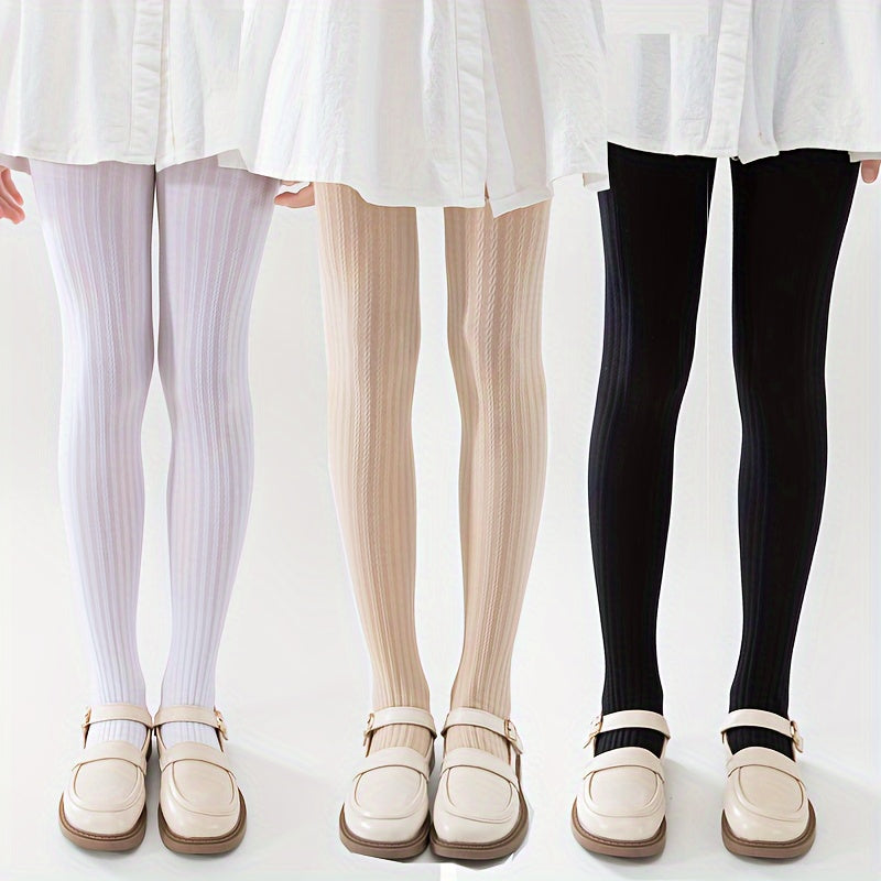 3 pairs of girl's solid color stripe textured pantyhose, comfy, slim, and versatile for all seasons, a creative gift.