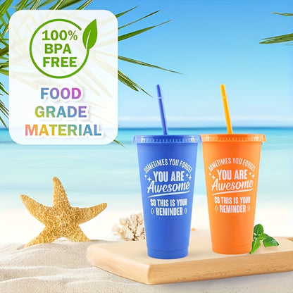 5-Pack of 24oz inspirational tumblers with lids and straws, hand-wash only cups, BPA & PVC free, rectangle sealable mugs for coworkers, teachers, employees.