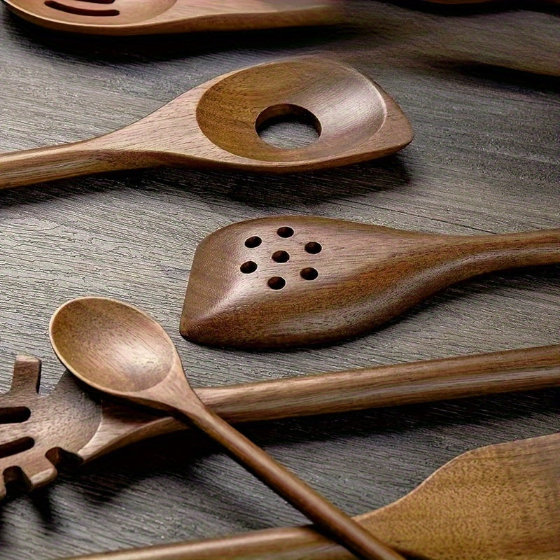 Set of 8 Acacia Wood Kitchen Utensils - Includes Non-Stick, Heat-Resistant Cooking Tools such as Spatula, Ladle, Rice Paddle, Stirring Spoon, and Salad Spoon