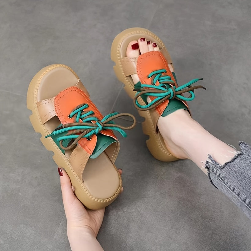 Casual lace-up slide sandals for women in colorblock design, open toe, and comfortable fit for summer.