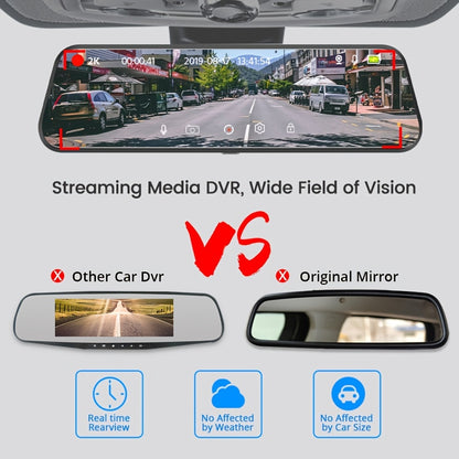 ZKCAMSPY 1080P front and 720P rear camera mirror DVR with touch screen. Magnetic mount, lithium-polymer rechargeable battery, 27.5FPS, 5V car plug power mode. Includes universal driver's