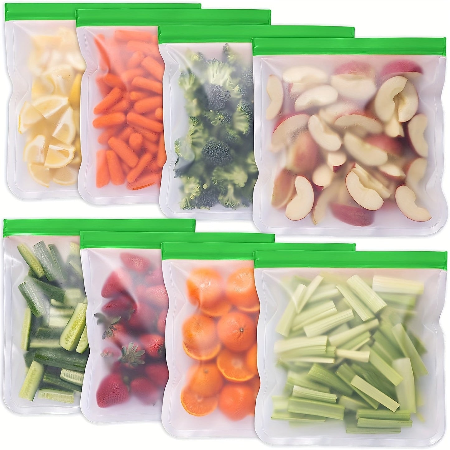 12 pieces of BPA-free reusable gallon-sized food storage bags with a super thick leak-proof design made of silicone and plastic. Perfect for storing meat, grains, sandwiches, snacks, travel essentials, and organizing your family's home kitchen supplies.