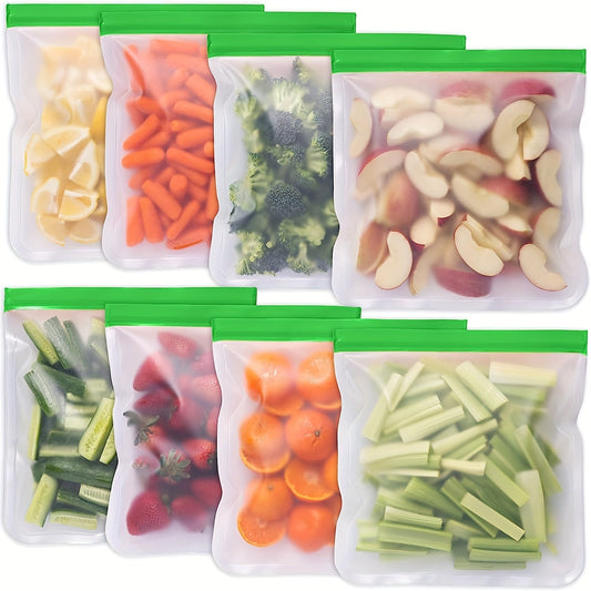 12 pieces of BPA-free reusable gallon-sized food storage bags with a super thick leak-proof design made of silicone and plastic. Perfect for storing meat, grains, sandwiches, snacks, travel essentials, and organizing your family's home kitchen supplies.