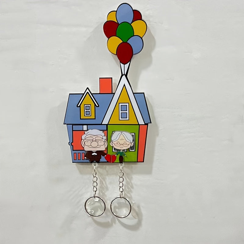 Acrylic Couple Keychain Set with Floating Balloon House Design, ideal for romantic anniversaries. Customized gift with decorative ring buckle, perfect for Valentine's Day.