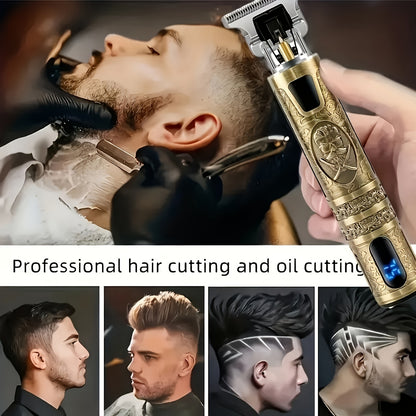 WEEME T9 Blue Light LCD Hair Clipper with USB Charging and 4 mythical beast designs. Includes accessories for precision grooming and versatile styling. ABS body and 600mAh battery for