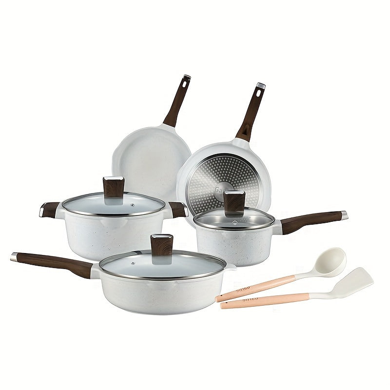 Nonstick Cookware Set includes 10 pieces of aluminum kitchen pots and pans, as well as a frying pan, casserole, saucepan, lids, and utensils. This set is compatible with all stovetops.